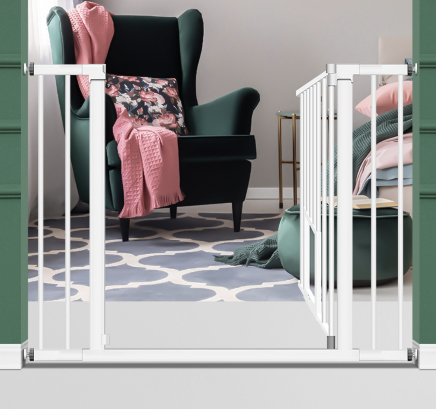 (76x76cm) Kinder Stahl Schutzgitter Baby Sicherheitstor Tür Sicherheitsschutz Treppen Barriere mit Katzentür - Weiss