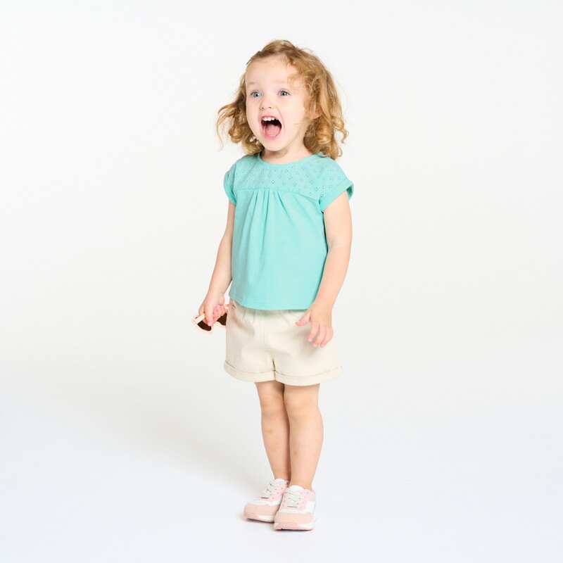 T-shirt bi-matière broderie anglaise bleu bébé fille Bleu