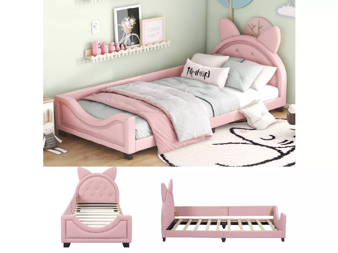 Lit bébé 90 x 200 cm avec tête de lit en forme d'oreilles - similicuir - sommier à lattes - rose