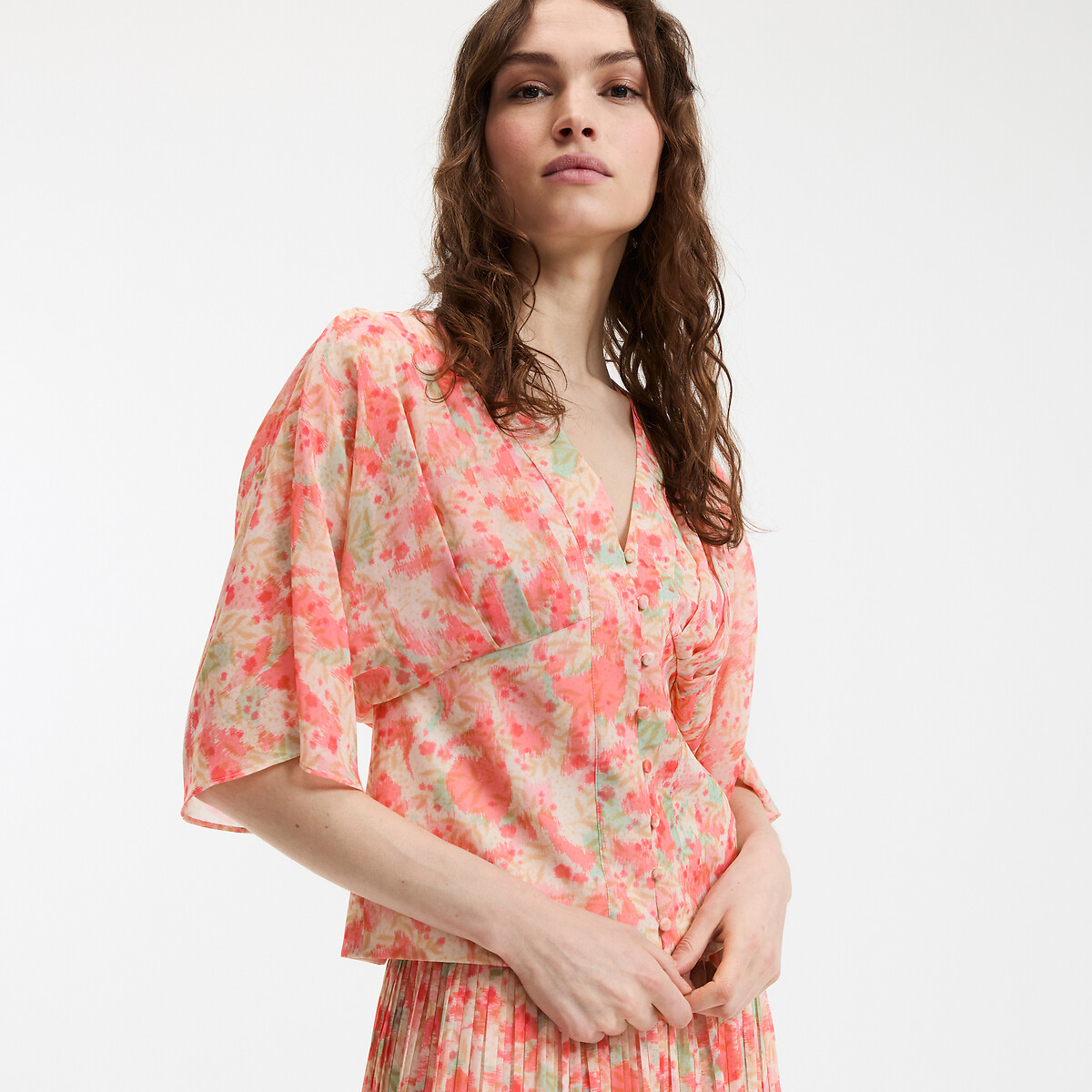 COLEÇÕES LA REDOUTE<br>Blusa estampada com decote em V e mangas 3/4