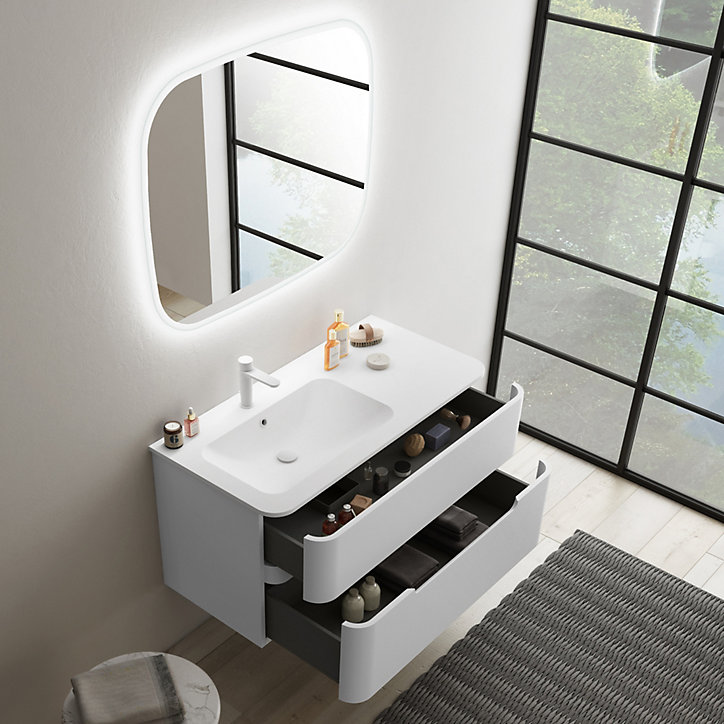 Ensemble salle de bains L. 104 cm meuble sous vasque blanc mat + plan vasque à droite blanc mat Alba
