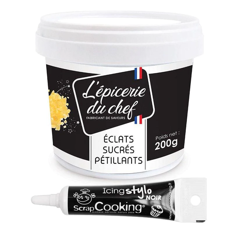 Eclats sucrés pétillants 200 g + Stylo de glaçage noir Scrapcooking