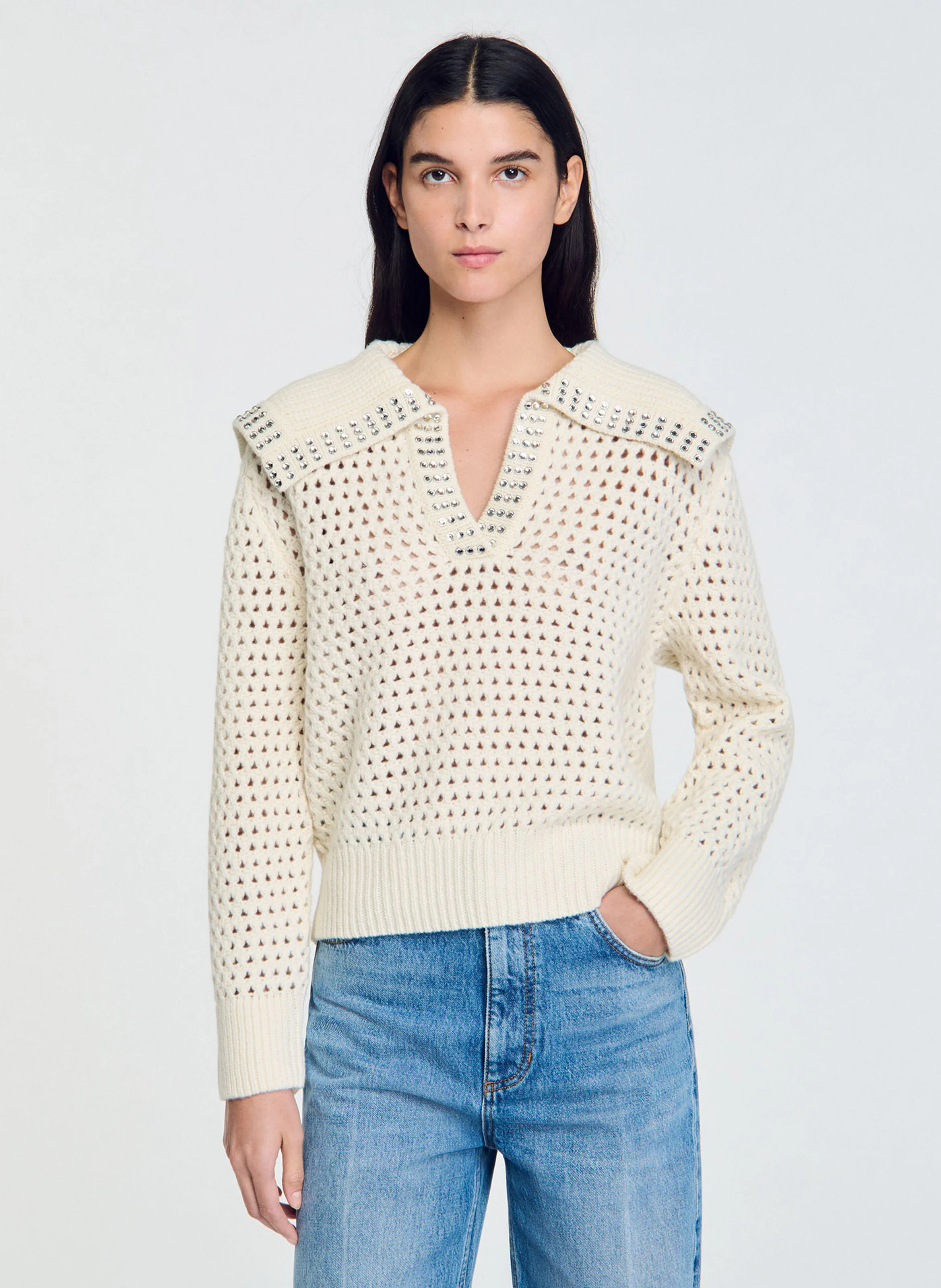 Pull en laine à col vareuse | Blanc