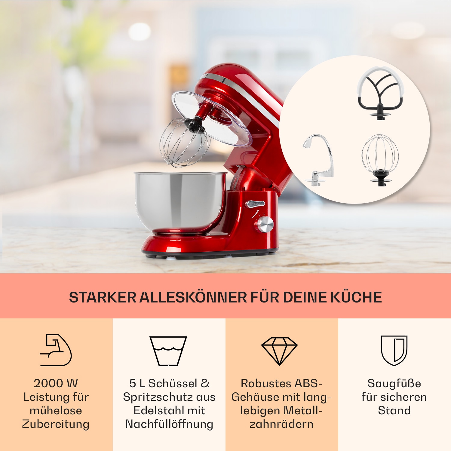 Bella Elegance Küchenmaschine 1800 W 2,7 PS 5,2 Ltr Edelstahl BPA-frei