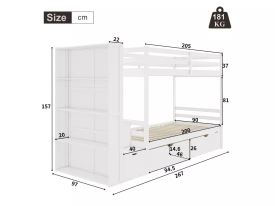 Lits superposés avec 2 tiroirs, étagère de rangement et escaliers de rangement - 2 x 90 x 200 cm - Pin + MDF - Blanc