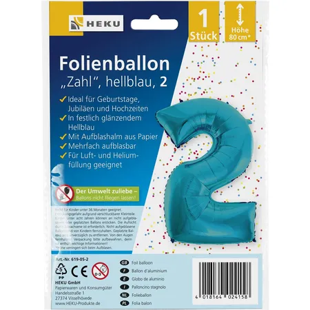 HEKU Folienballon Zahl 2, hellblau, mit Aufblashalm, Höhe 80cm