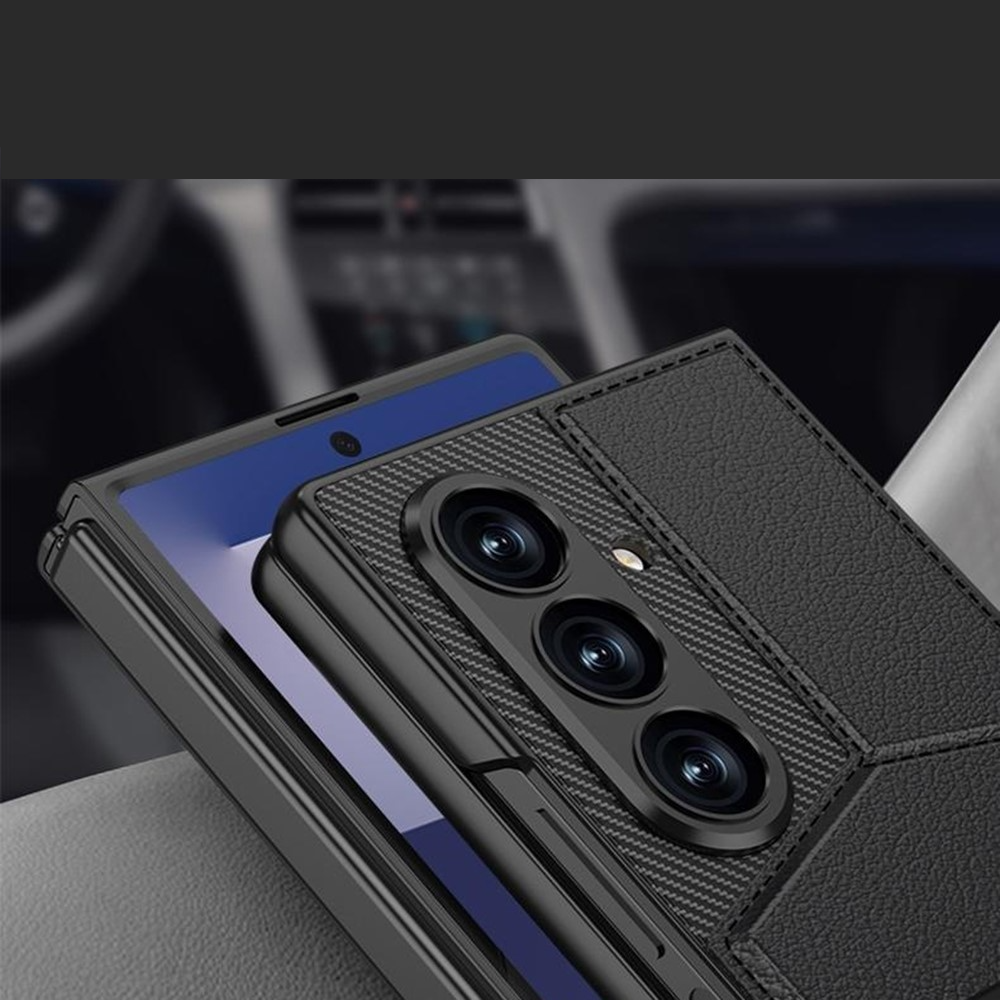 Samsung Galaxy Z Fold7 Hardcase Hülle mit Kartenfach   Leder Kickstand Aufsteller im Litchi Look - Schwarz
