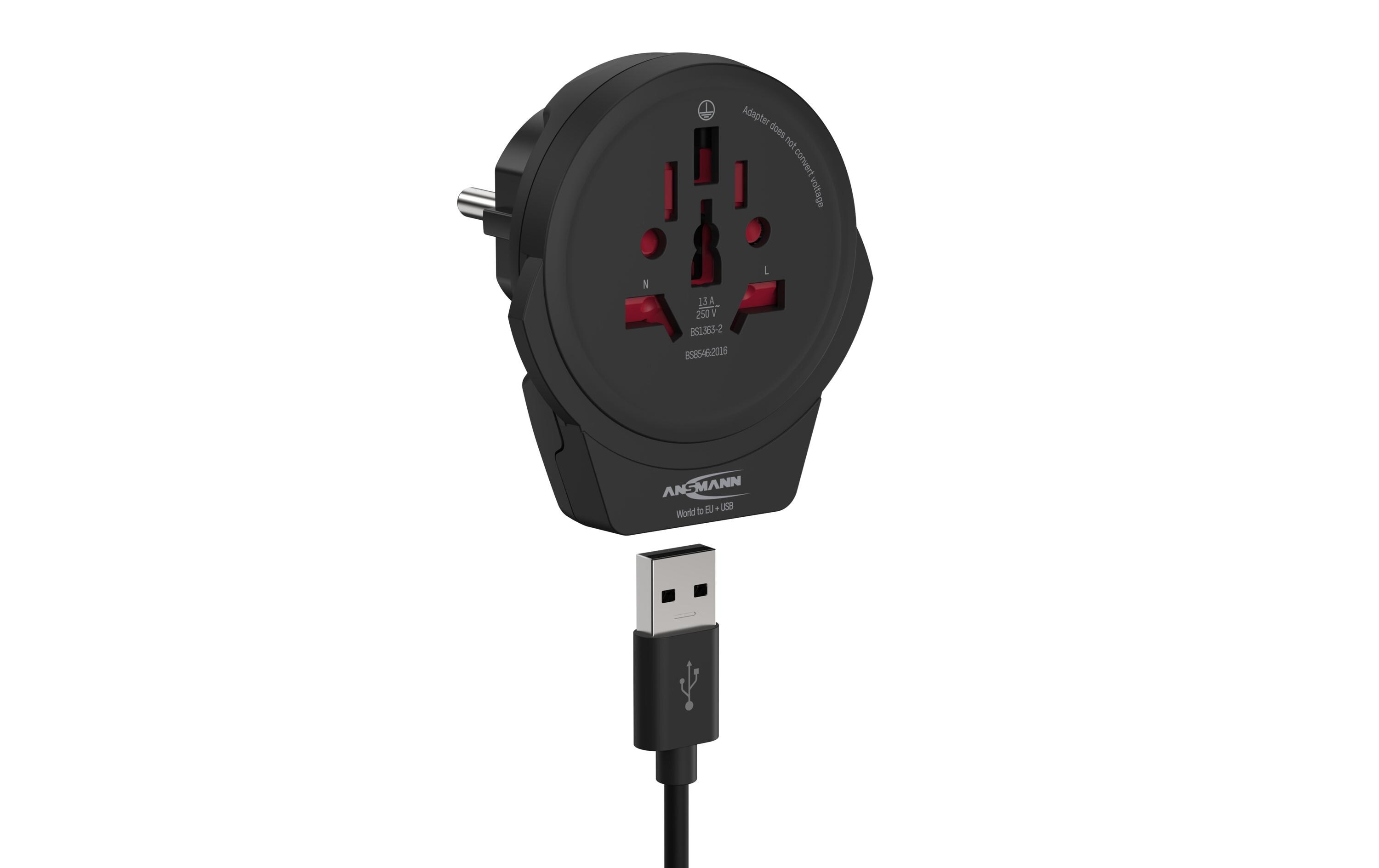 Reiseadapter World to EU + USBKompakter Reisestecker mit Schutzleiter und USB Ladeanschluss