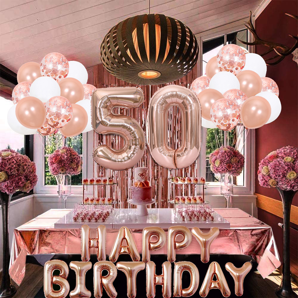 (86-tlg. Set) Happy Birthday Girlande 50. Geburtstag Party Deko   Ballons / Streukonfetti / Lametta Vorhang - Roségold