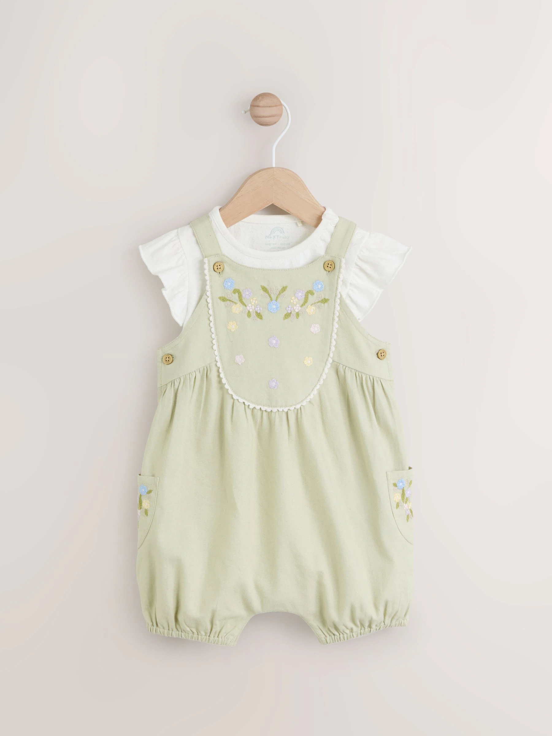 Saliegroen geborduurd bloemenmotief - Korte mouwen 100% katoenen rompertje en bretelbroek voor baby's set (0 mnd - 2 jr)