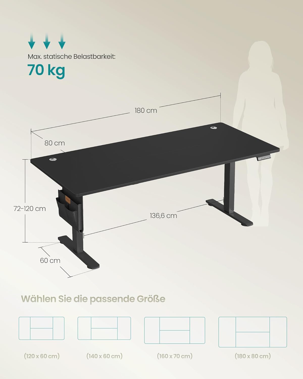 SONGMICS Höhenverstellbarer Schreibtisch elektrisch, 180 x 80 cm, Memory-Funktion mit 4 Höhen, USB-C-Anschluss, tintenschwarz LSD138BZ01