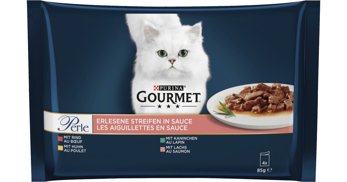 PURINA Gourmet Perle Streifen Rind-Huhn-Lachs-Kaninchen 4x 85 gr