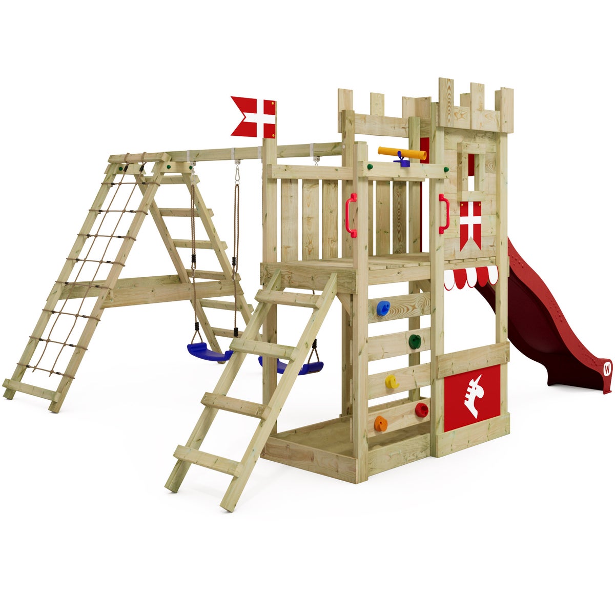 WICKEY DragonFlyer Castle Speeltoren met Schommel en Glijbaan, Speelhuis met Zandbak, Klimladder en Speelaccessoires - Rood