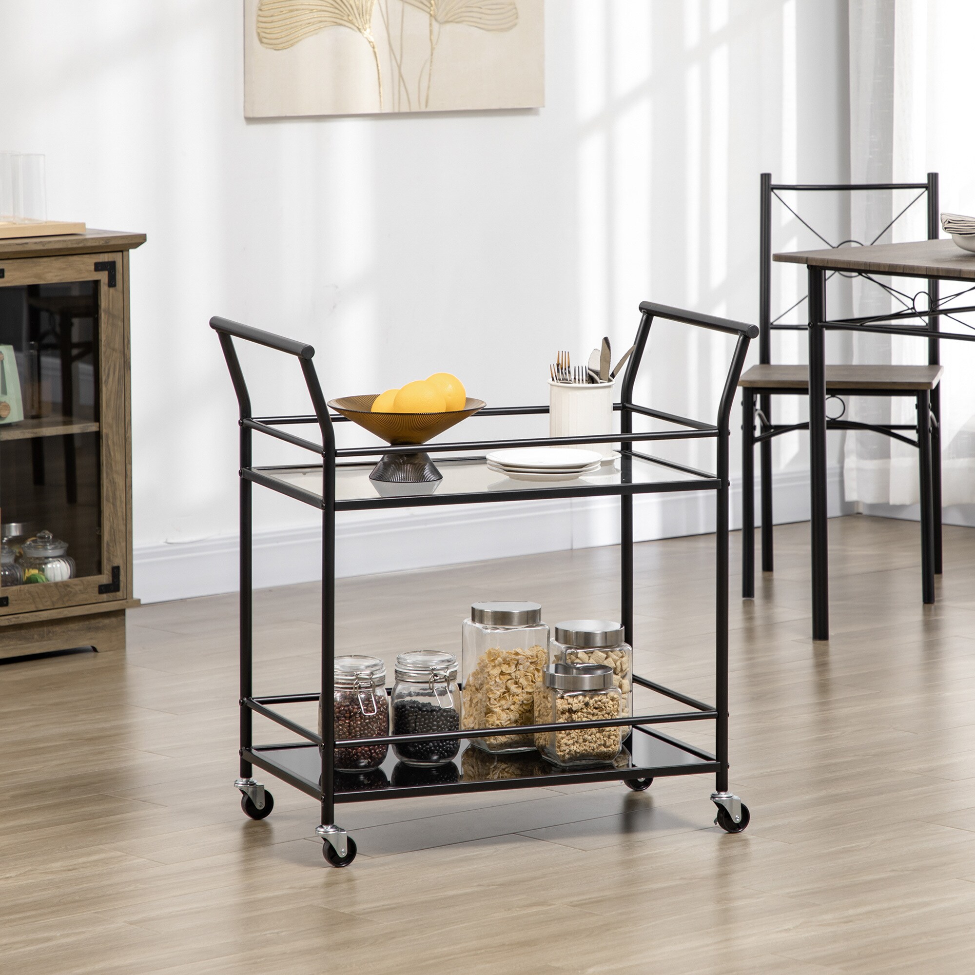 HOMCOM Küchenwagen mit Ablagen aus gehärtetem Glas schwarz 75L x 40B x 80H cm