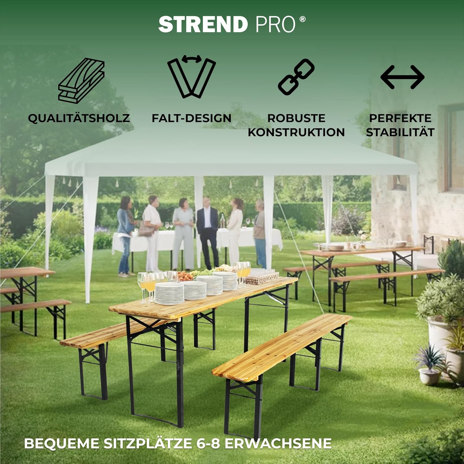 STREND PRO Bierzeltgarnitur 3-teilig | KLAPPBARE Gartenmöbel Set - Holz und Metall - Biertischgarnitur für 6-8 Personen | Biertisch + 2 Bierbänken | Festzeltgarnitur, Sitzgarnitur, Bierbankgarnitur
