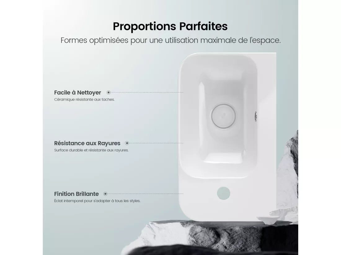 EMKE Lavabo Mural de Salle de Bain 450 x 265 x 156 mm, Vasque Rectangulaire en Céramique, Trou pour Robinet à Droite, Blanc Brillant