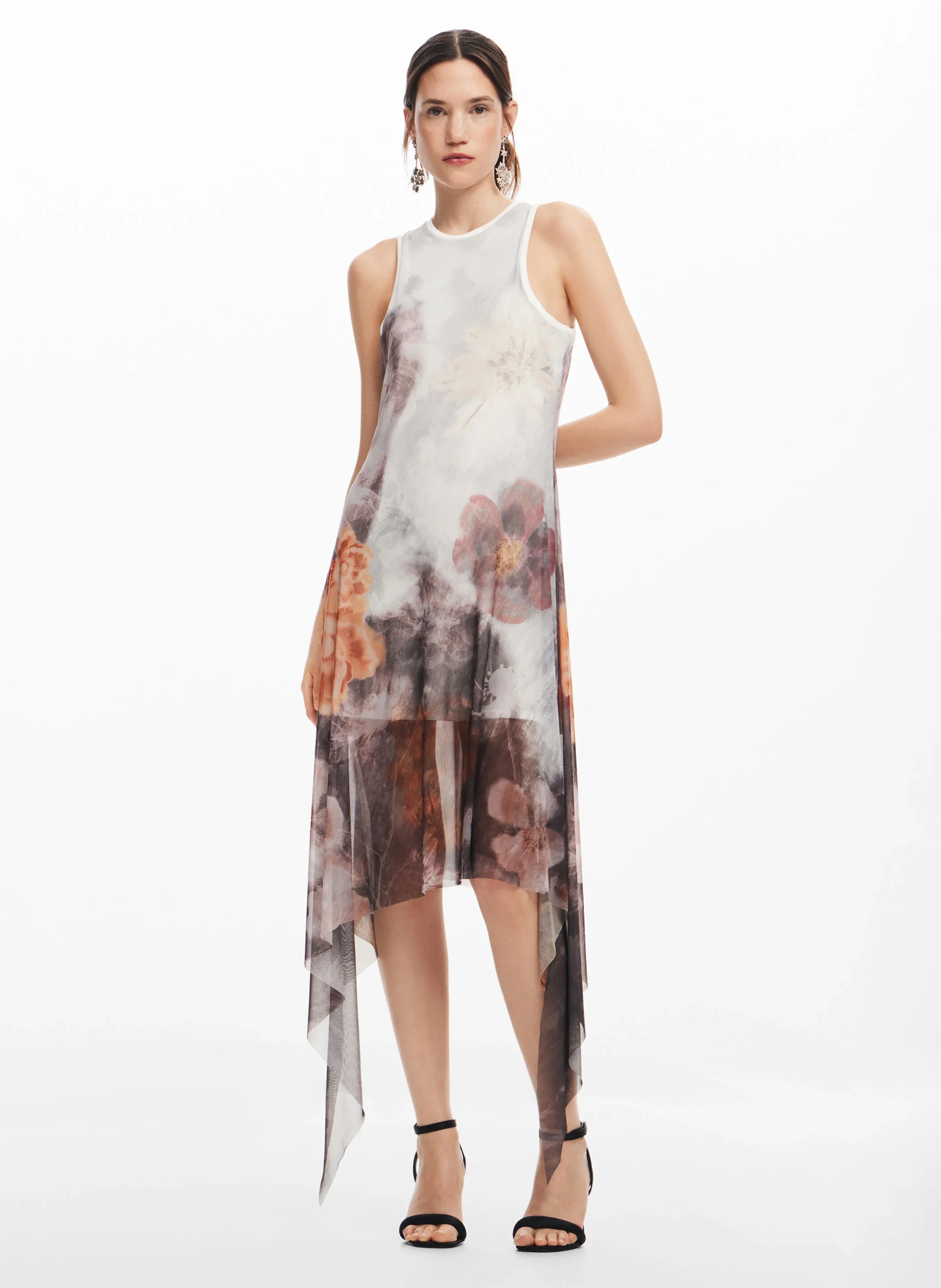 Robe midi col rond imprimée | Noir