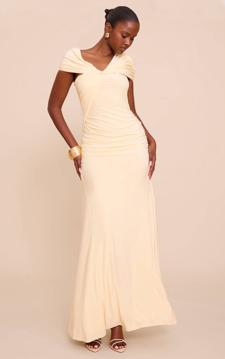 Citron Robe Longue Asymétrique Froncée En Tissu Slinky Double Épaisseur