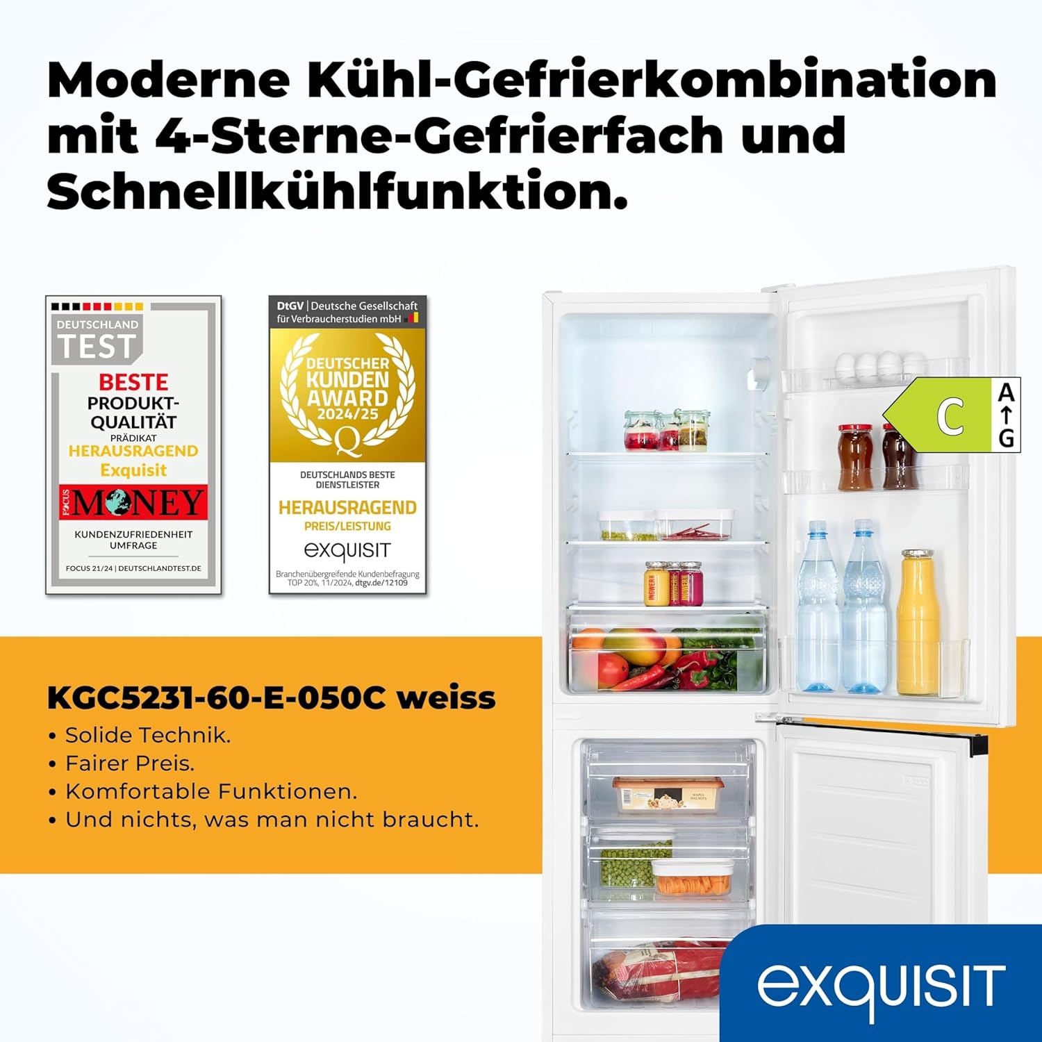 Exquisit Kühl-Gefrierkombination, 144 cm Höhe, Kühlschrank mit Gefrierfach, 4-Sterne-Gefrieren, 157 Liter, Schnellkühlen, KGC5231-60-E-050C weiss