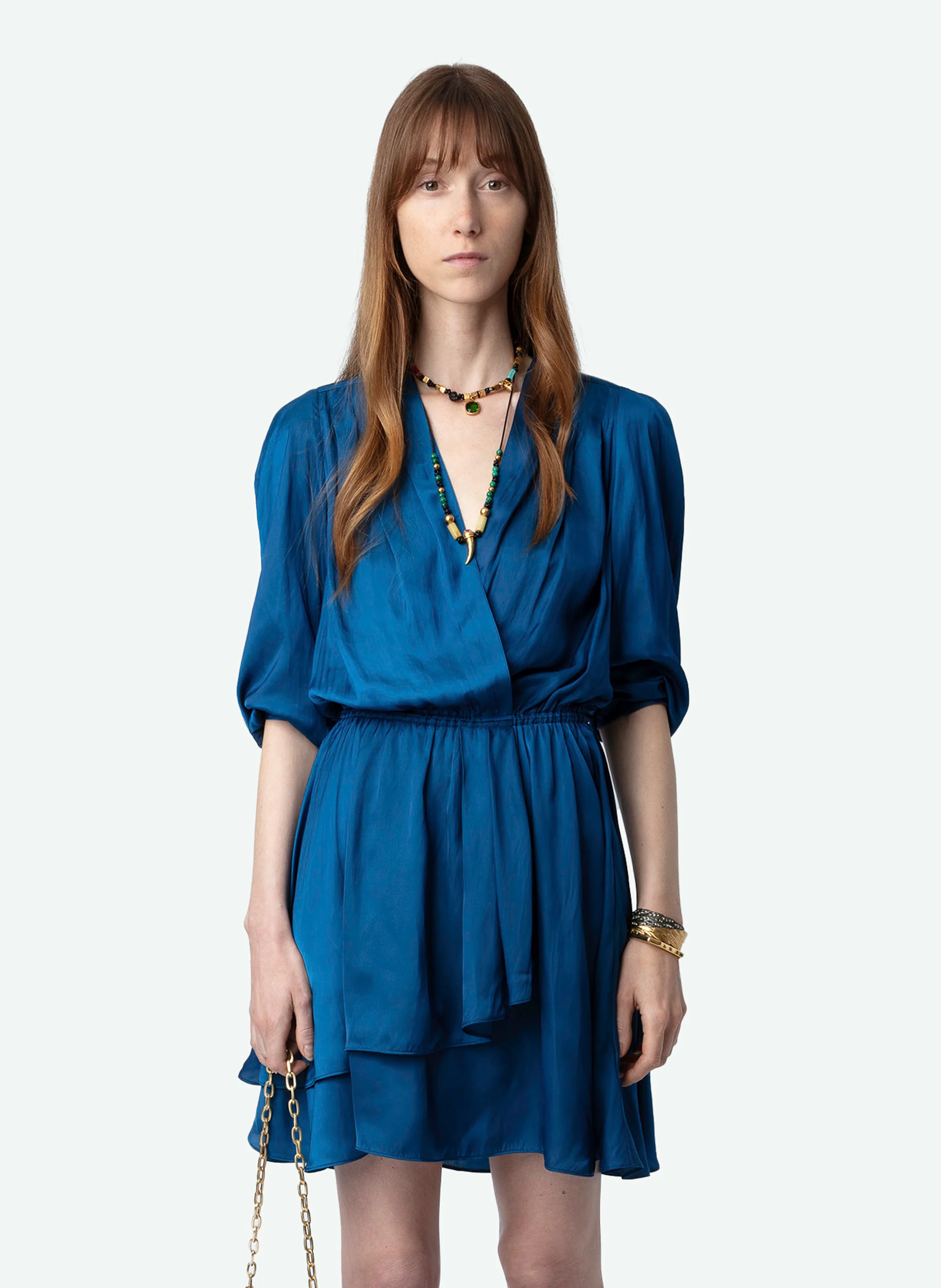 ROGERS - Robe courte droite col V en fibres recyclées mélangées | Bleu