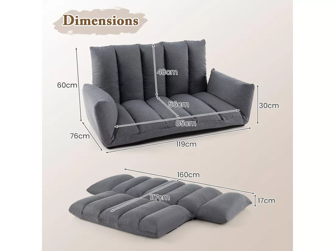 Canapé au Sol Pliable et Inclinable, Siège Rembourré avec Dossier et Accoudoirs Réglables à 5 Positions, Canapé Convertible, Cadre en Métal Robuste, pour Salon de Jeu, Chambre, Gris