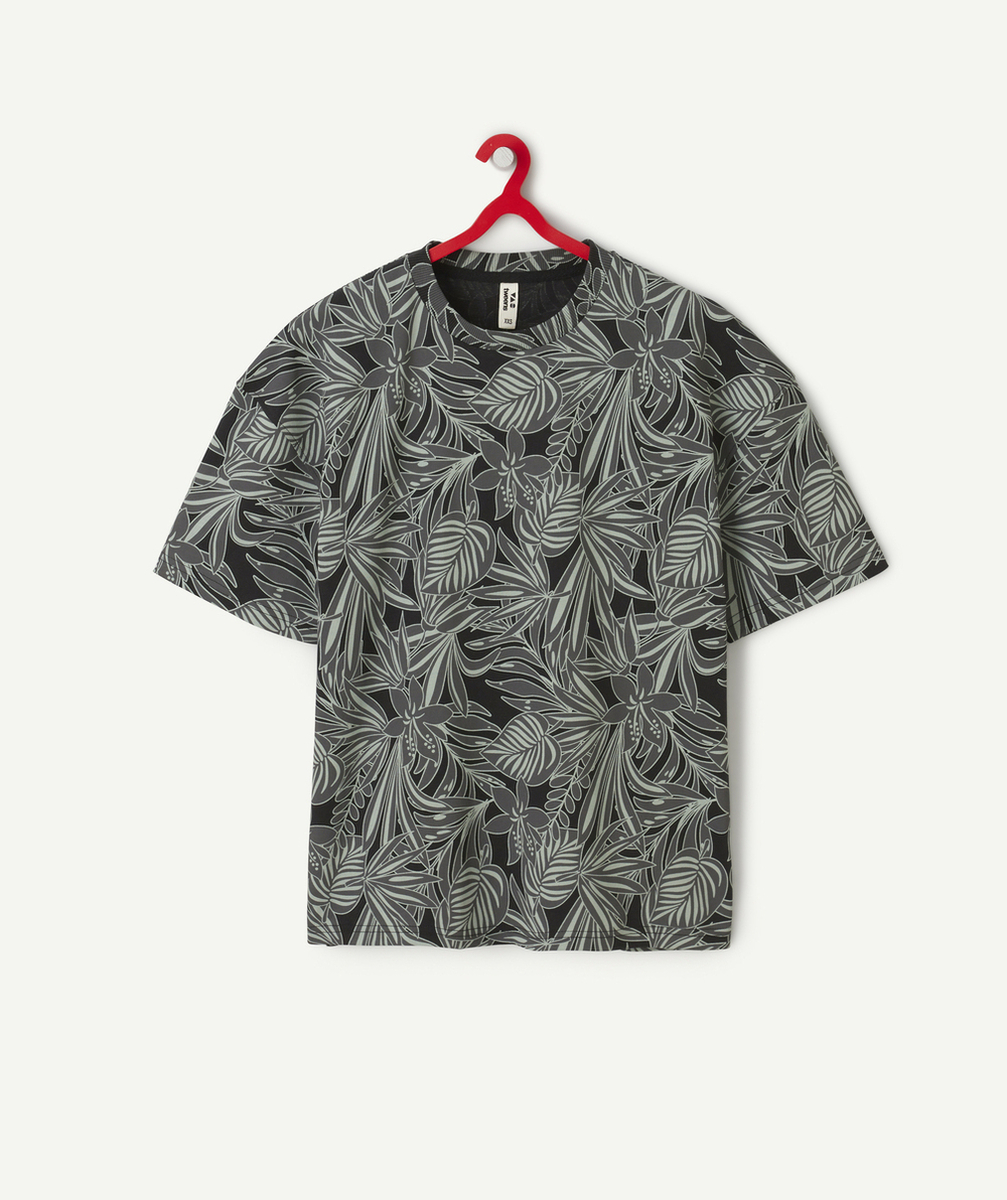 t-shirt garçon en coton bio gris imprimé feuilles