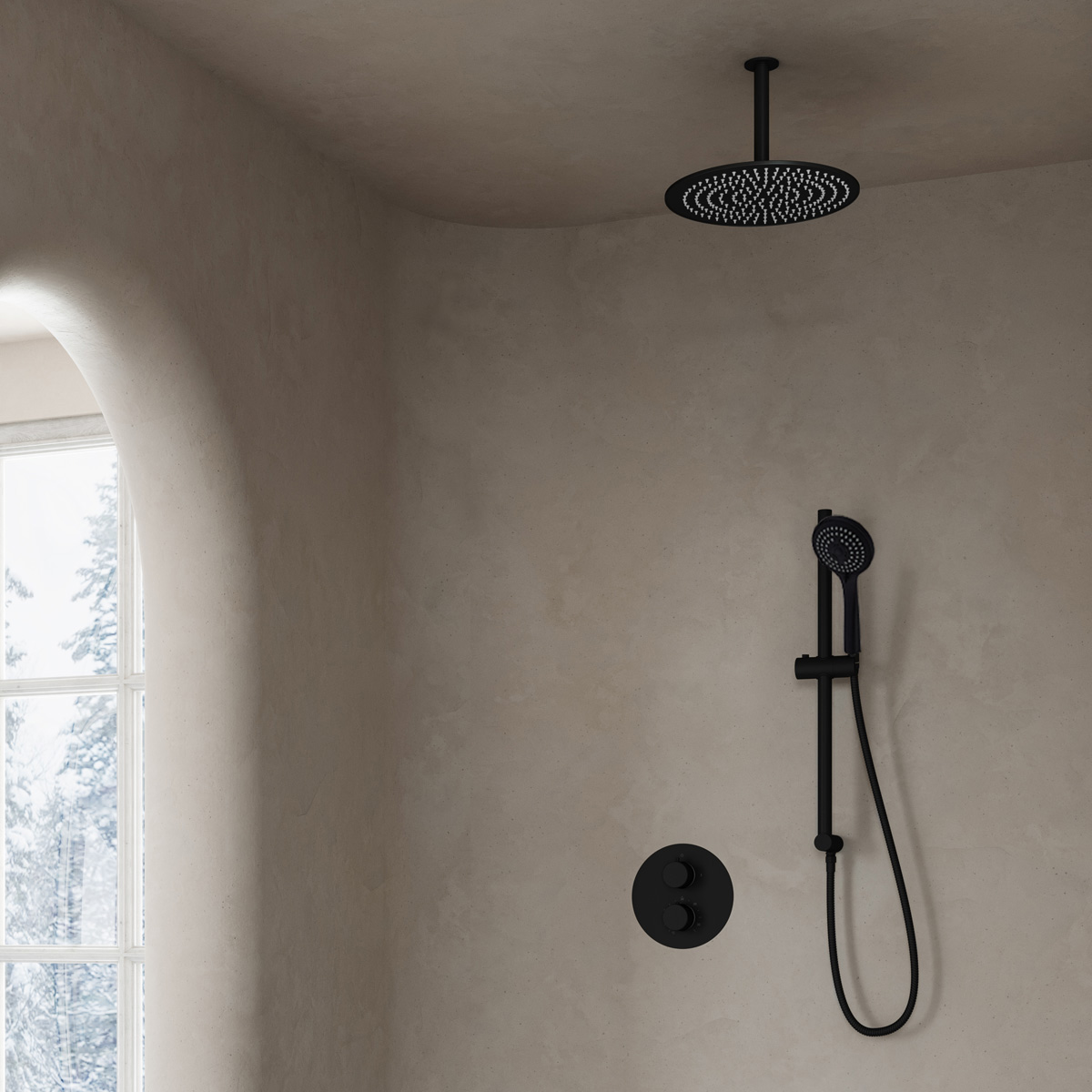 Saniclear Nero inbouwregendouche 20cm rond met plafondarm, 3 standen handdouche en glijstang zwart mat