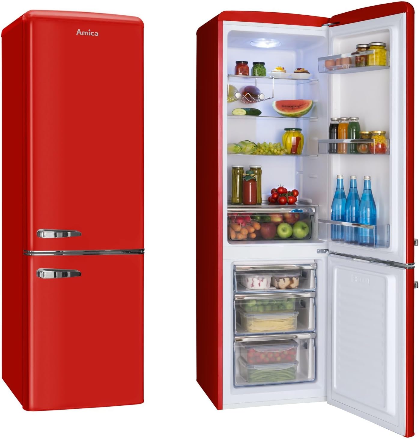 Amica KGCR 387 101 R Retro Kühl-/Gefrierkombination/Rot / 181cm (H) x 55cm (B) x 62cm (T) / Retro-Design/Kühlschrank mit Gefrierfach