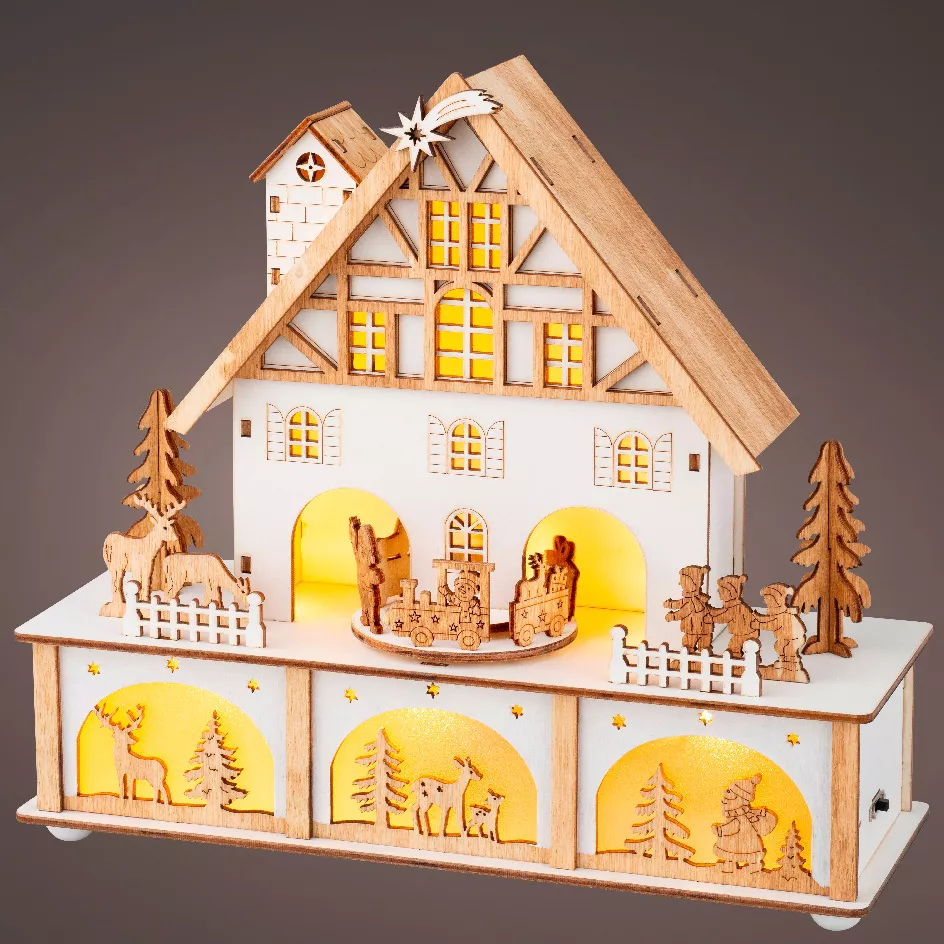 Village de Noël en bois lumineux et musical à piles (27 x H24 cm) Chalet Suisse Blanc