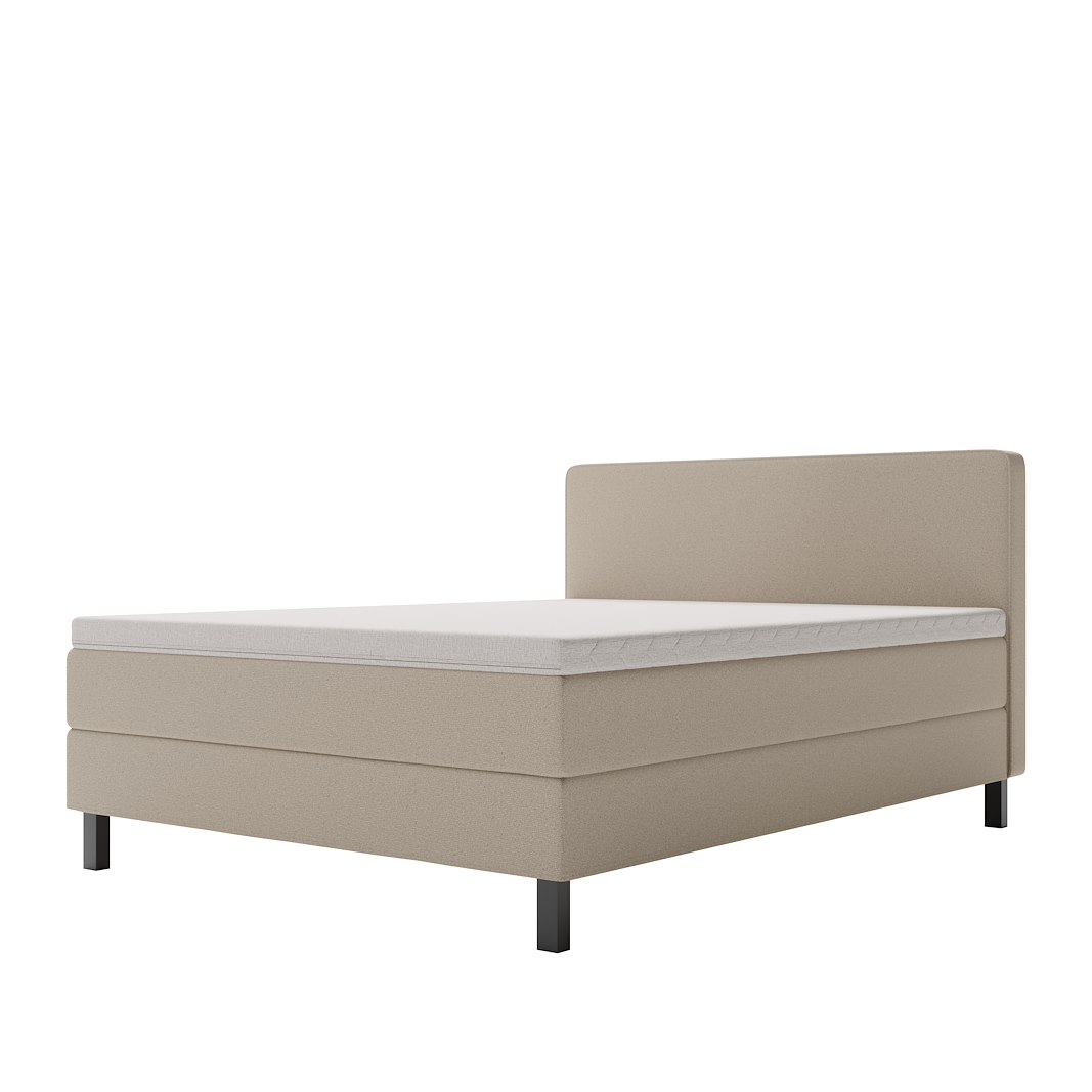 Copenhagen kontinentalseng 180x200 cm Tekstil Mito 05 beige. Medium/fast, med copenhagen memory skum overmadrass og sorte firkantet ben, gavl selges separate.