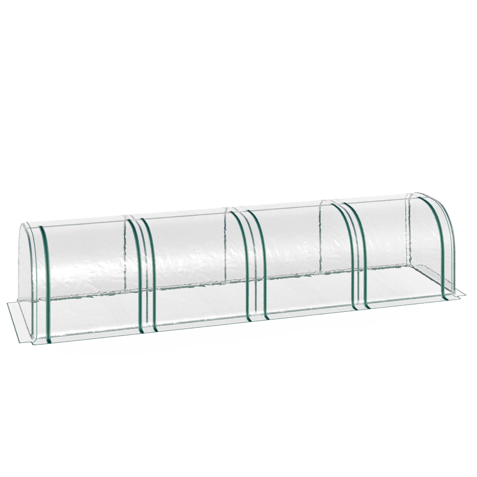 Estufa transparente tipo túnel com estrutura de aço e PVC para jardim.