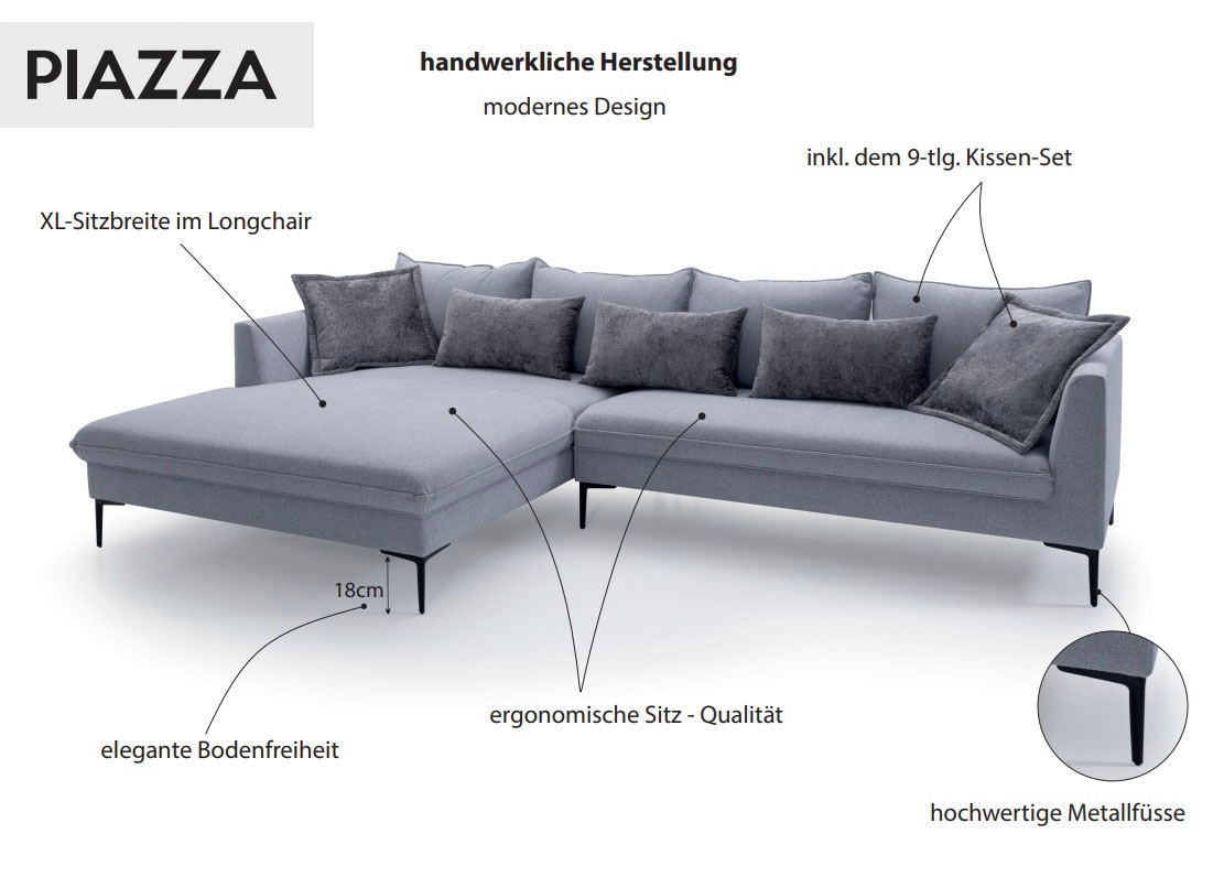 exxpo - sofa fashion Ecksofa »Piazza, elegant und edel, Designsofa mit tollem Sitzkomfort,« Longchair Ecke in hochwertiger Verarbeitung, Stellmasse 321x187 cm