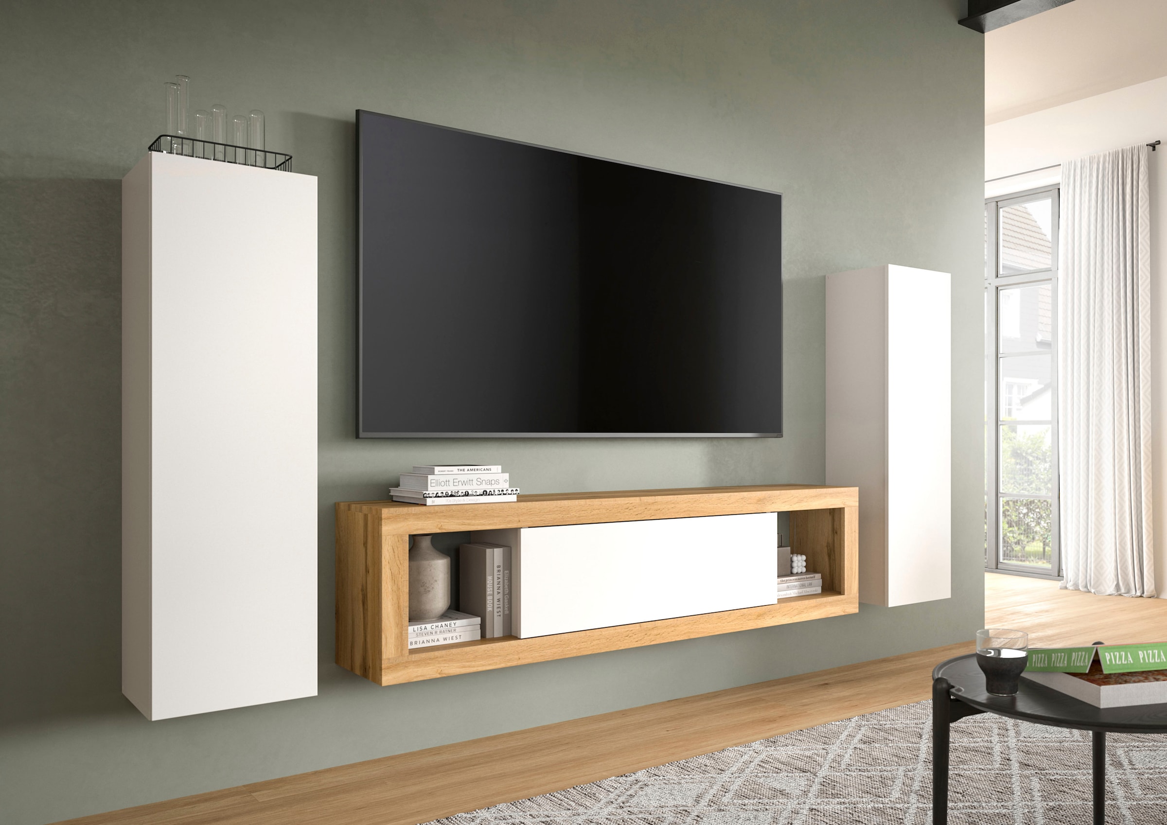 INOSIGN Lowboard »Trinity, Breite 180 cm, stehend und hängend, 1 Klappe,« 2 offene Fächer, grifflose Fronten, TV-Möbel, TV Schrank, Hängeschrank