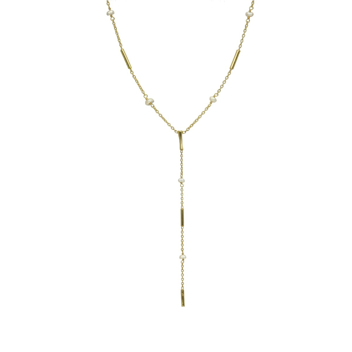 Collier Argent Doré Cravate Barrettes Et Perles Naturelles Blanches