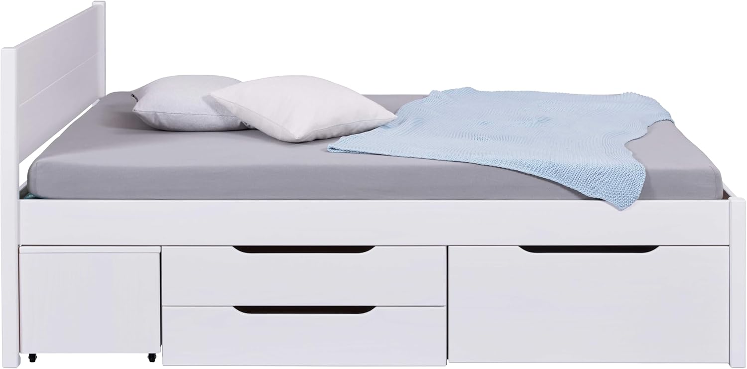 Inter Link - Bett mit Schubladen - Doppelbett 180x200 cm – Kojenbett mit Stauraum – Kiefer massivholz – 4 Schubladen und 2 Schubkasten – Inkl Lattenrost – Weiß lackiert – Efetivo 180x200cm