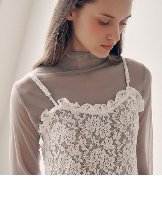 rolarola - Spaghetti Strap Godet Lace Long Dress (White)
