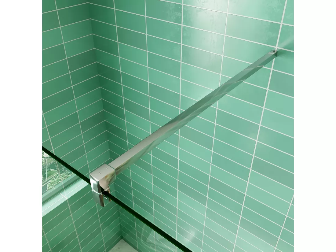Paroi de douche à l'italienne 90x200cm avec retour pivotant 50x200cm - Verre securit - Avec barre de fixation carrée 140cm