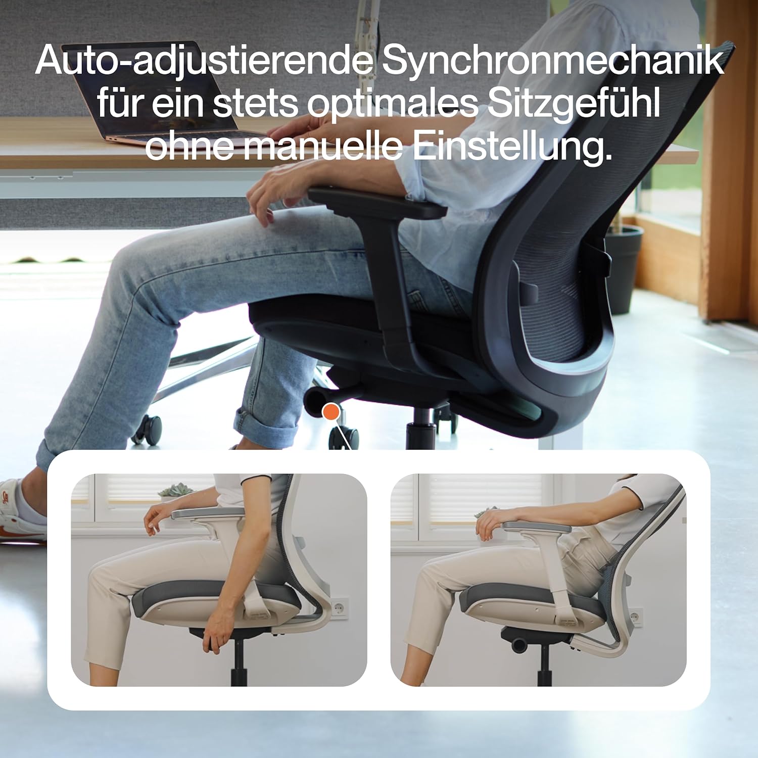 Ergo Bürostuhl Ergonomisch ohne Armlehnen Schwarz | Schreibtischstuhl mit Synchronmechanik, Lordosenstütze & Sitzhöhenverstellung | Bequemer Office Chair, PC & Büro Stuhl | Flexibler Drehstuhl