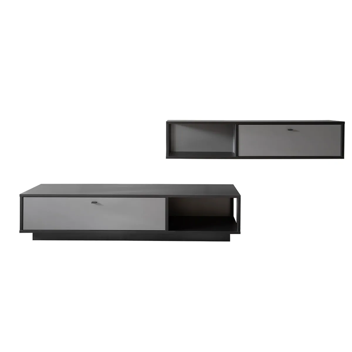 pegane Ensemble Meuble Bas & Étagère Gris/Noir