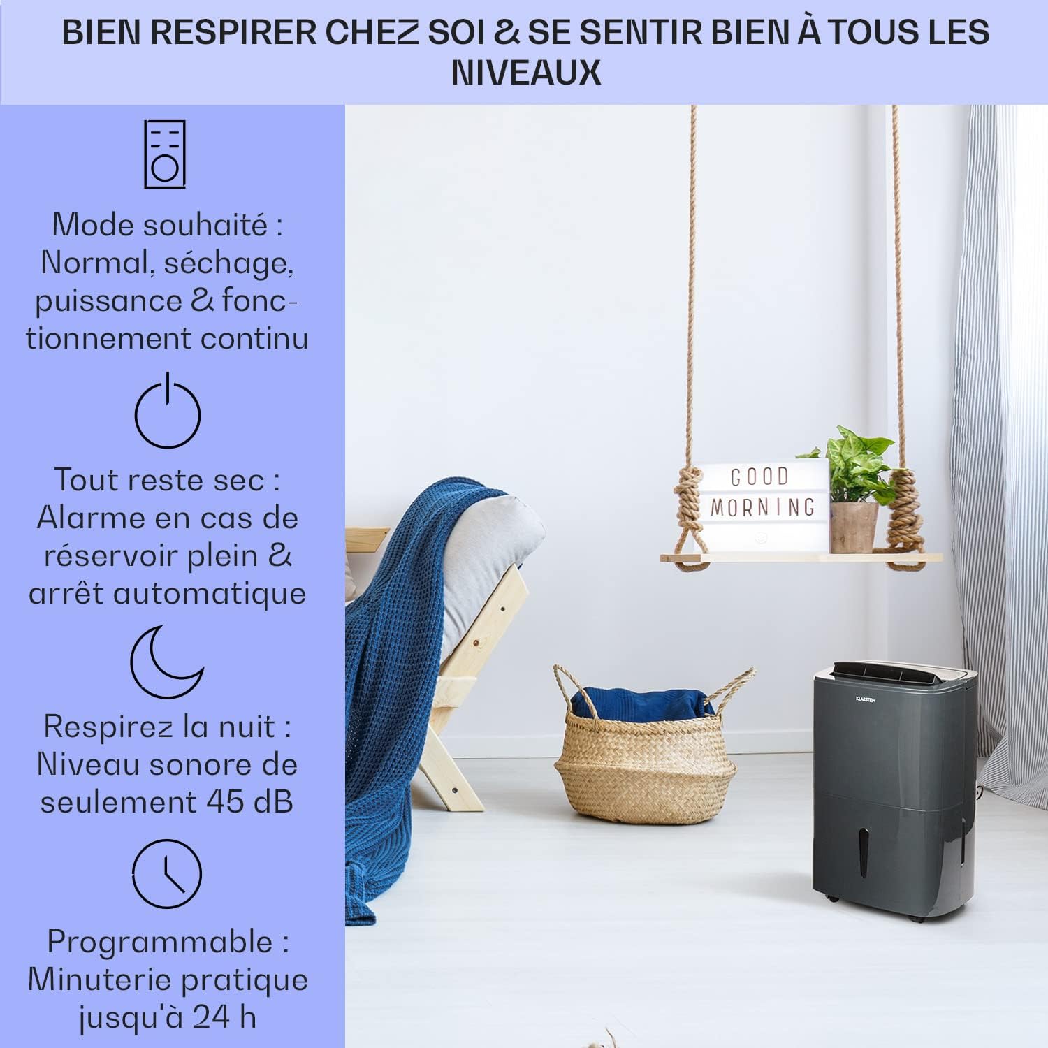 Klarstein Deshumidificateur d Air et Purificateur d'Air, Déshumidificateurs, Anti Humidité, Absorbeur d'Humidité et Séchage Vêtements, Desumidicateur d Air Electrique, Déshumidificateur Salle de Bain