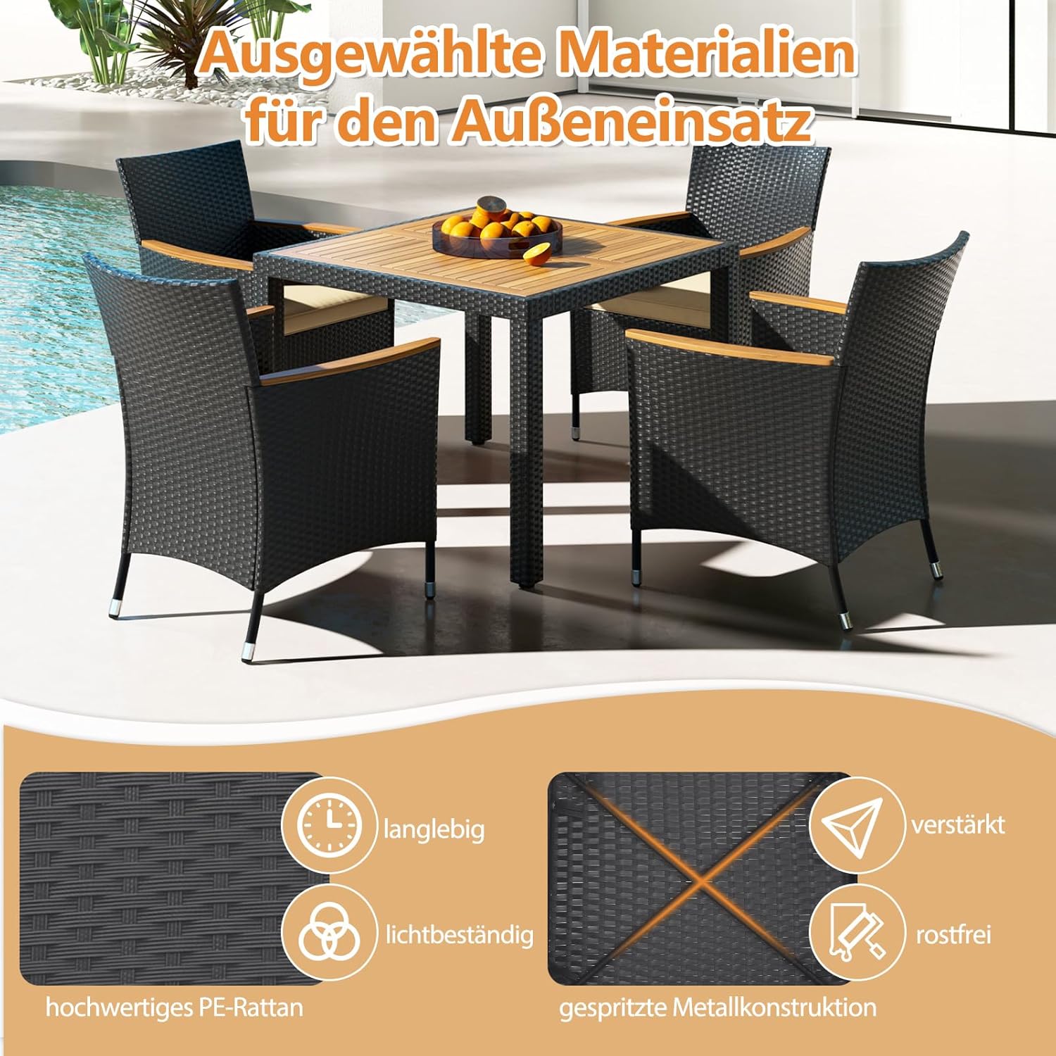 COSTWAY 5 TLG. Rattan Gartenmöbel Set, Sitzgruppe für 4 Personen, Gartentisch mit Tischplatte aus Akazienholz, 4 Stühle & Kissen, Terrassenmöbel, Balkonmöbel, Gartengarnitur, Sitzgarnitur, Essgruppe