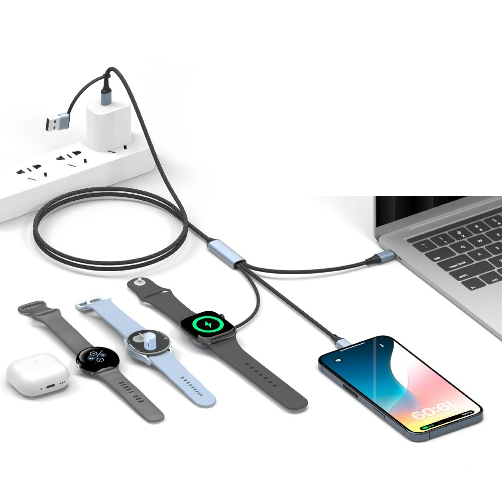 (1m) 100W 3in1 USB C / USB A auf 2 x USB C / Apple Watch Magnetisches Ladekabel Nylon Datenkabel - Blau
