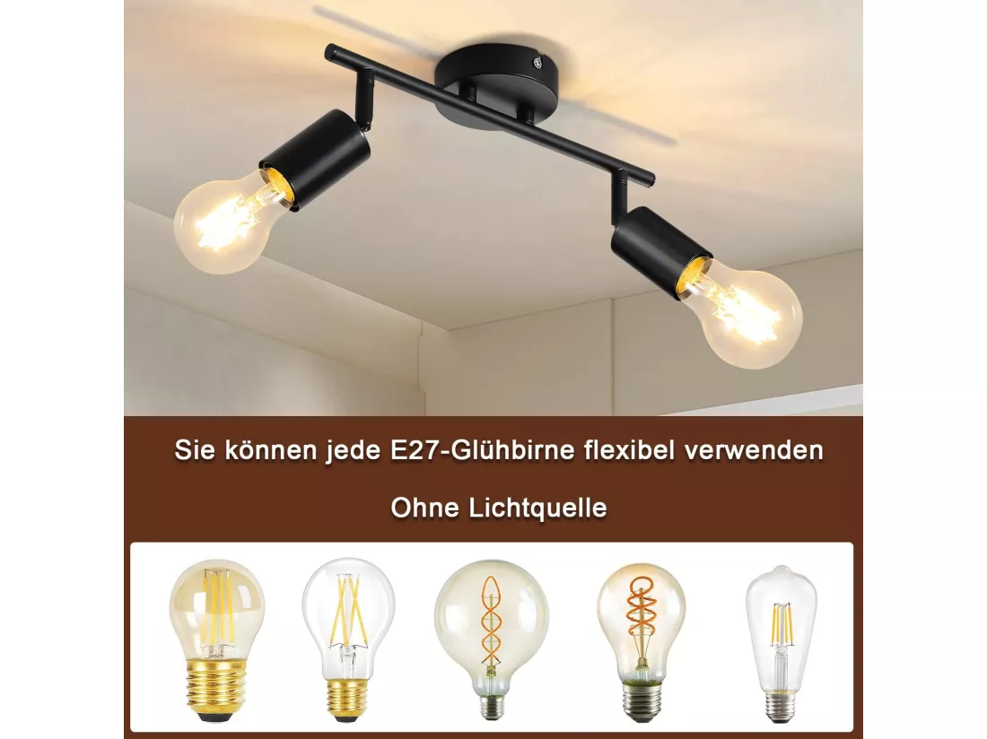 NETTLIFE Plafonnier plafonnier noir 2 ampoules Spot de plafond E27 vintage orientable 350°industriels