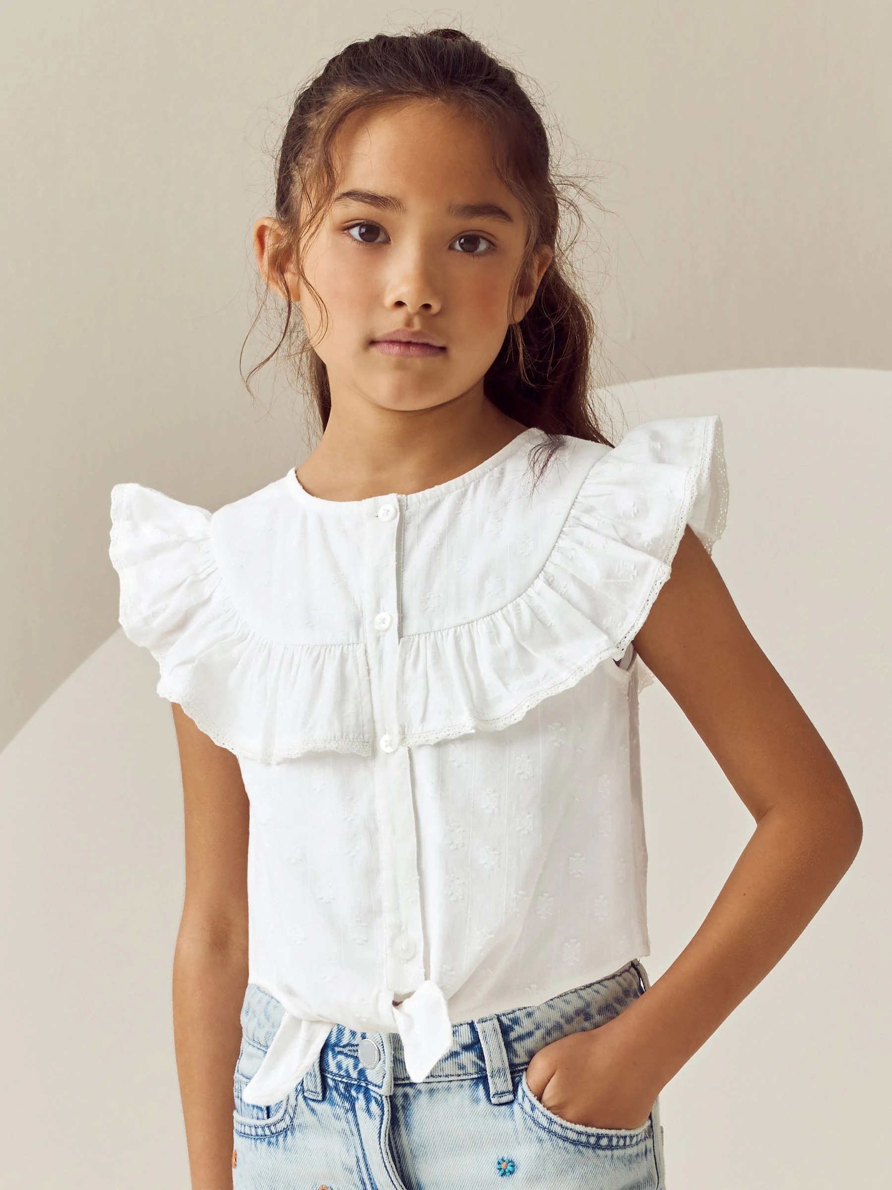 Wit - 100% katoenen blouse met strik aan de voorkant (3 - 16 jr)