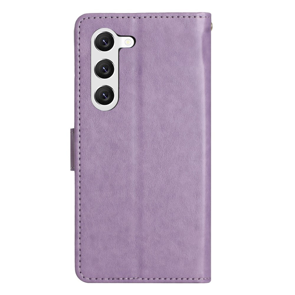 Samsung Galaxy S23 5G Leder Tasche mit Kartenfach   Handschlaufe Butterfly Flowers - Lila