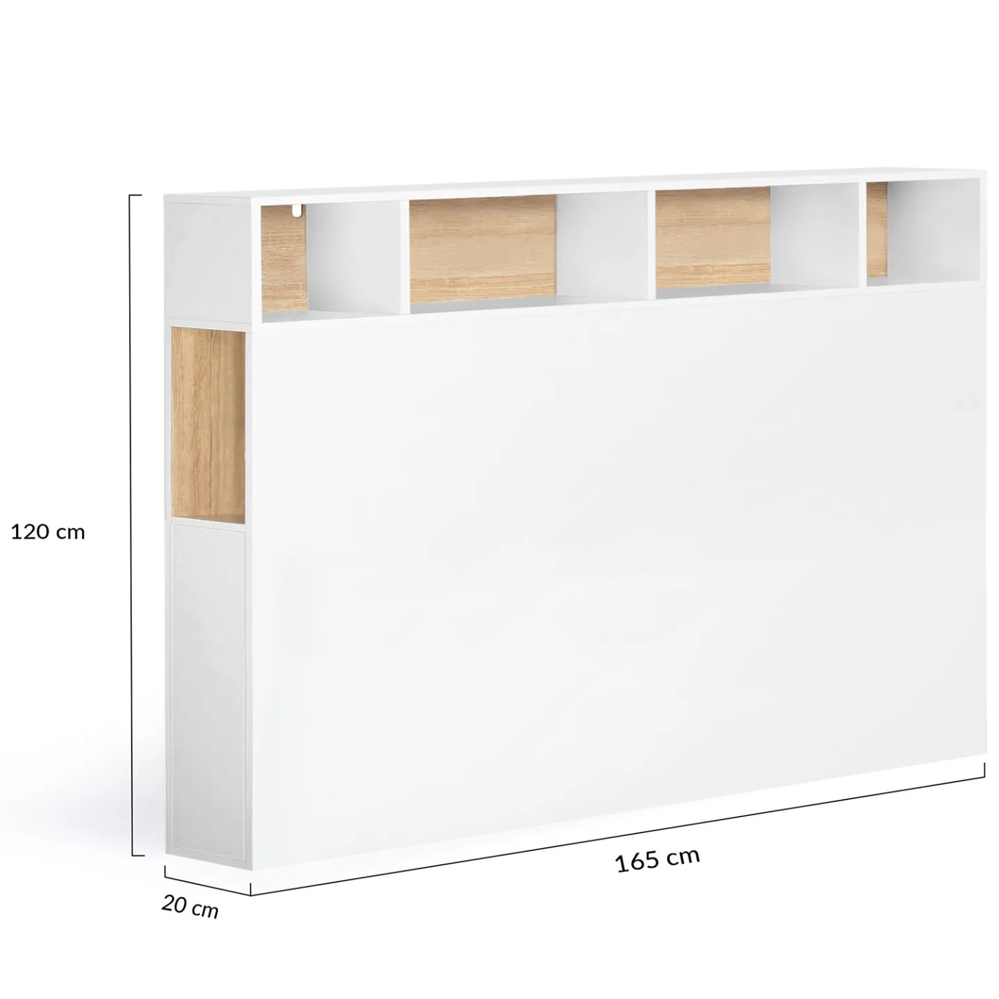 Tête de lit sur pied CLEO 165 cm avec rangements fermés et niches blanc et façon hêtre