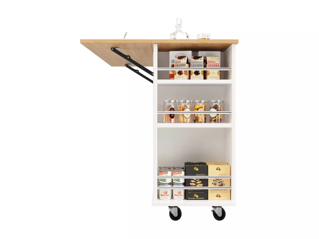 Ilot central de cuisine - chariot à roulette avec plateau extensible - 2 tiroirs et 1 portes - Blanc