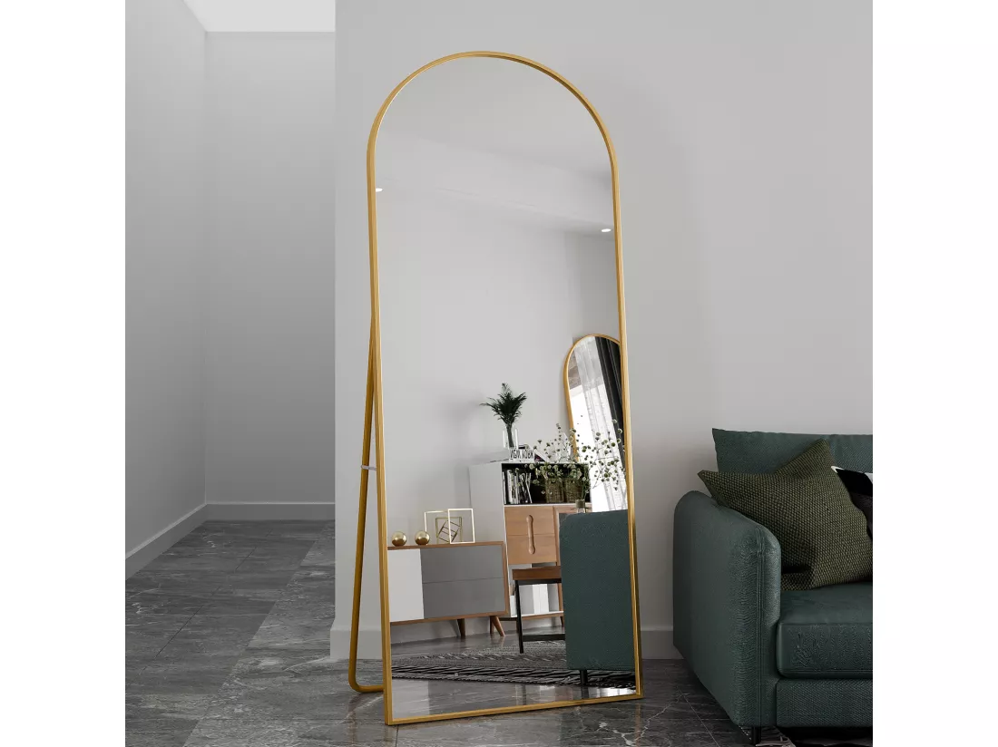 Miroir pleine longueur 180 x 80 cm, sur pied, suspendu ou appuyé, grand miroir de sol avec cadre en alliage d'aluminium doré pour salon ou chambre à coucher, Arc
