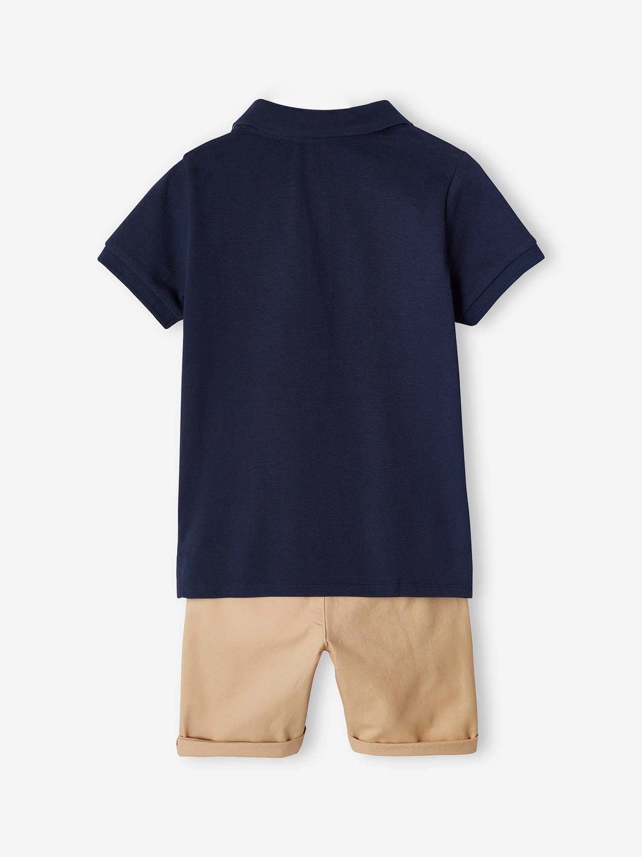 Look do menino: camisa polo de malha piqué e bermuda azul-marinho.