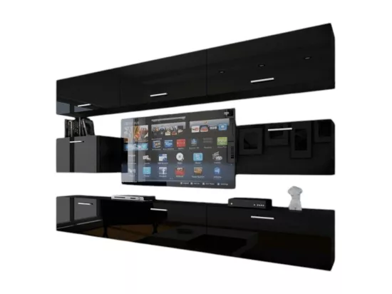 Ensemble de meubles de salon noir suspendus collection CEPTO VII 249cm, 8 portes